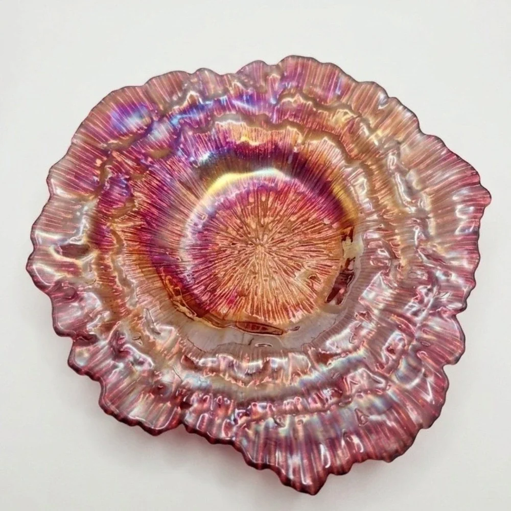 Vintage Red Carnival Glass Ruffled Bowl Iridescent Sunset Ruby Fluted Edge Art‎